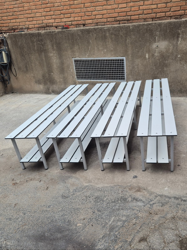 banco gimnasio escolar metal formica blanco 43.5x200x34.5 4u